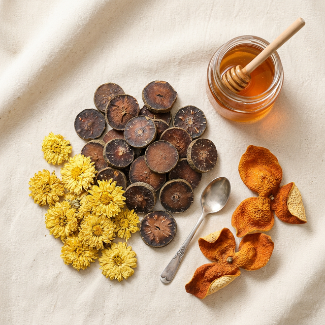 化橘红搭配菊花蜂蜜的养生组合平铺摆盘