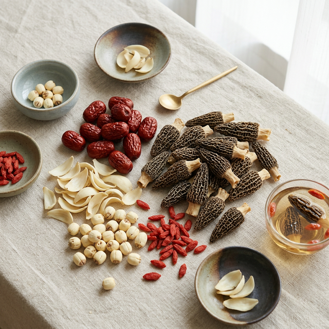 羊肚菌搭配红枣百合莲子的养生食材组合