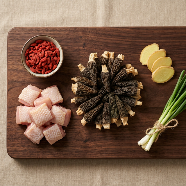 羊肚菌搭配鸡肉枸杞姜片的炖汤食材组合