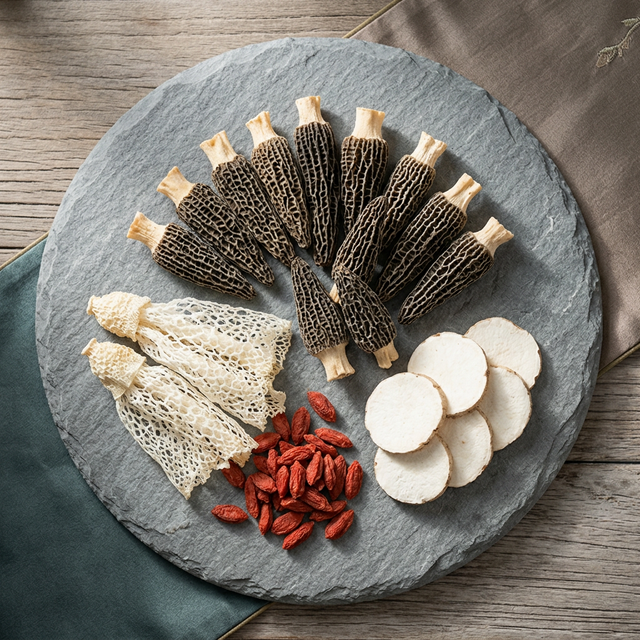 羊肚菌搭配竹荪枸杞山药的滋补食材平铺