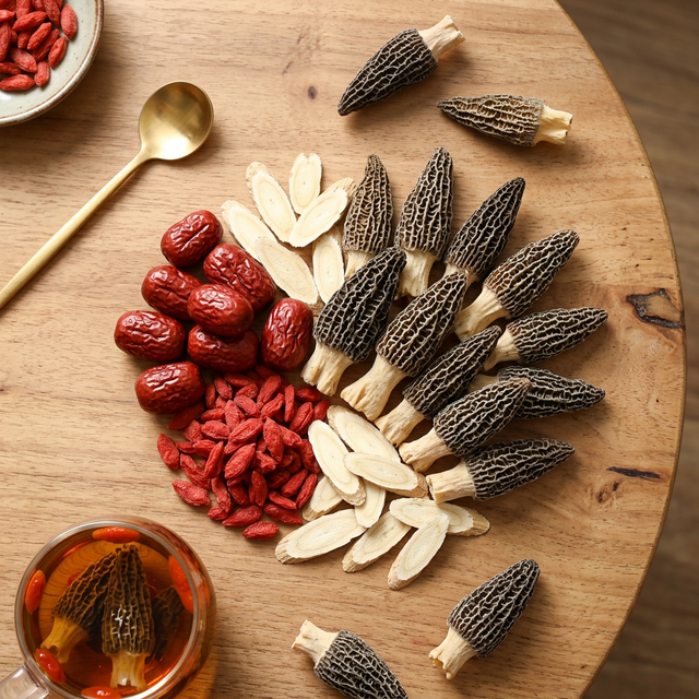 羊肚菌搭配红枣枸杞黄芪养生食材平铺展示