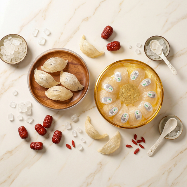 花姿盛燕窝搭配冰糖红枣枸杞养生食材平铺展示