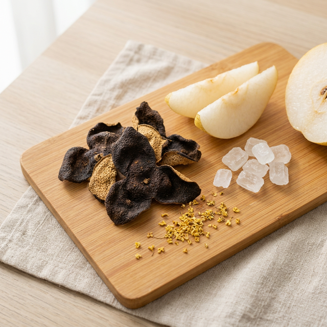 陈皮搭配雪梨冰糖桂花的养生食材组合