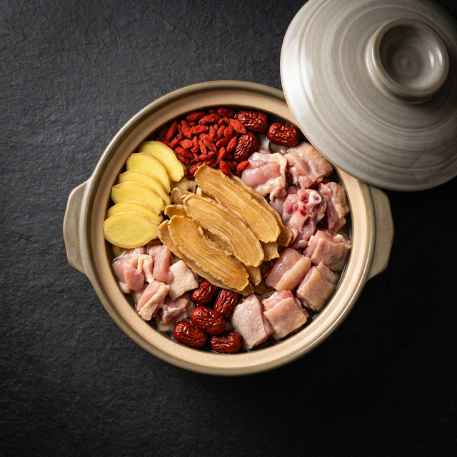 天麻搭配鸡肉姜片枸杞的炖汤食材组合