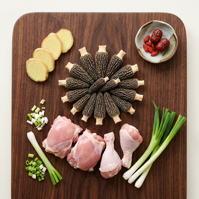 羊肚菌搭配鸡肉姜片葱段烹饪食材展示