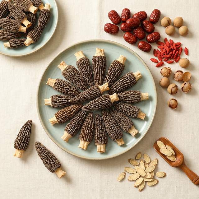 羊肚菌搭配红枣枸杞桂圆黄芪养生食材平铺展示