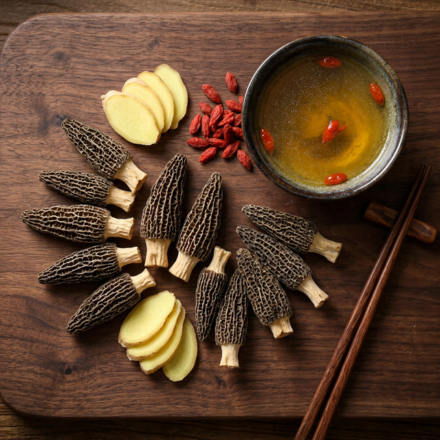 羊肚菌搭配姜片枸杞鸡汤的养生食材组合