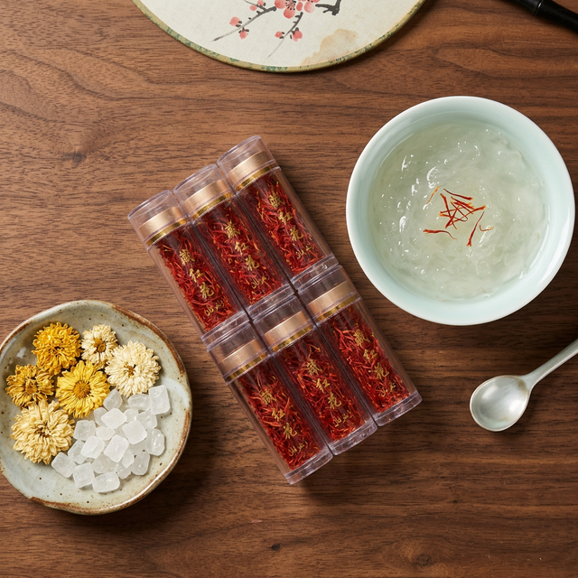 藏红花搭配菊花冰糖的养生组合平铺摆拍