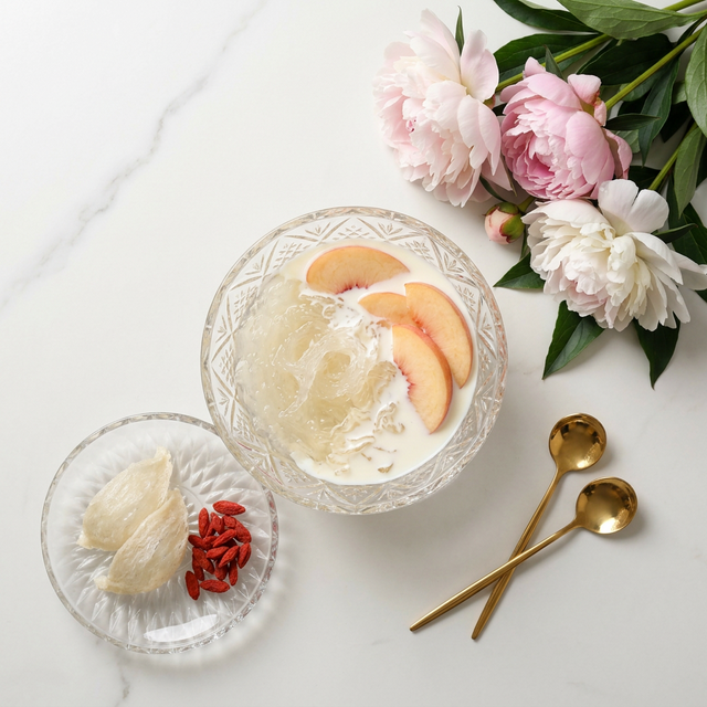 花姿盛燕窝搭配鲜奶水蜜桃的精致甜品组合