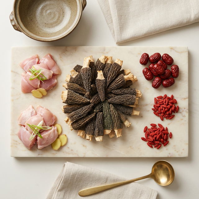 羊肚菌搭配鸡肉红枣枸杞养生食材组合