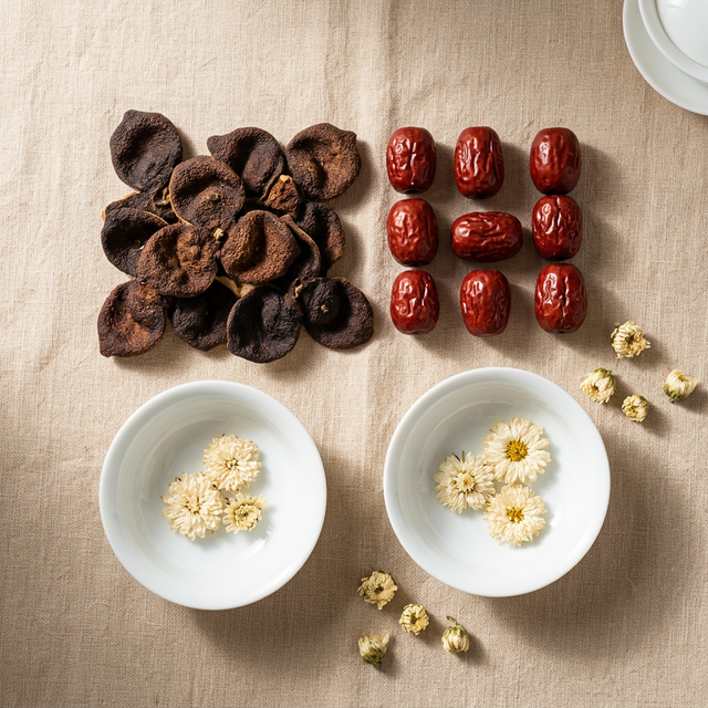 陈皮搭配红枣菊花养生食材俯拍