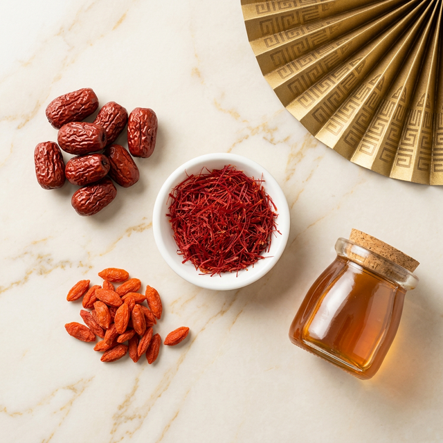 藏红花搭配红枣枸杞养生组合平铺摆拍