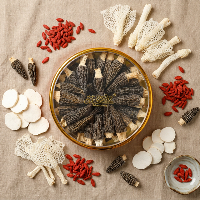 羊肚菌与枸杞竹荪山药片的养生搭配平铺展示