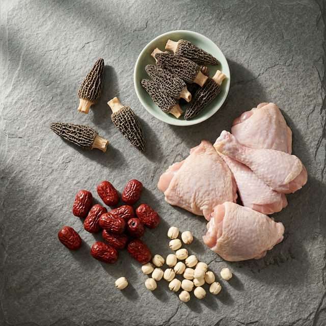 羊肚菌搭配鸡肉红枣莲子的滋补食材组合