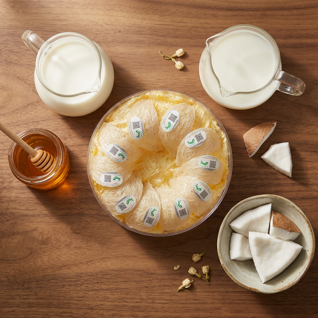花姿盛燕窝搭配牛奶椰片蜂蜜的早餐滋补组合