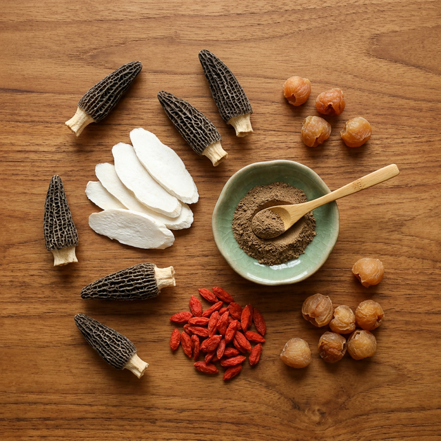 羊肚菌搭配山药枸杞桂圆的养生平铺展示