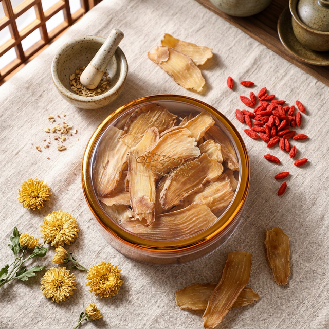 天麻搭配枸杞菊花的养生食材平铺摆拍