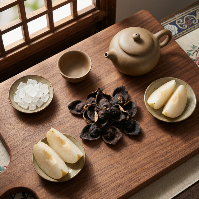 陈皮搭配紫砂壶冰糖和雪梨的养生组合