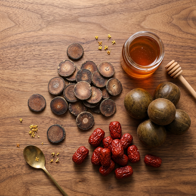 化橘红搭配罗汉果、红枣和蜂蜜的养生食材组合