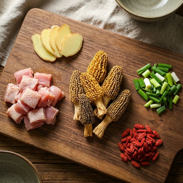 羊肚菌搭配鸡肉姜片枸杞食材平铺展示