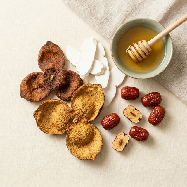 陈皮搭配茯苓红枣等养生食材平铺展示