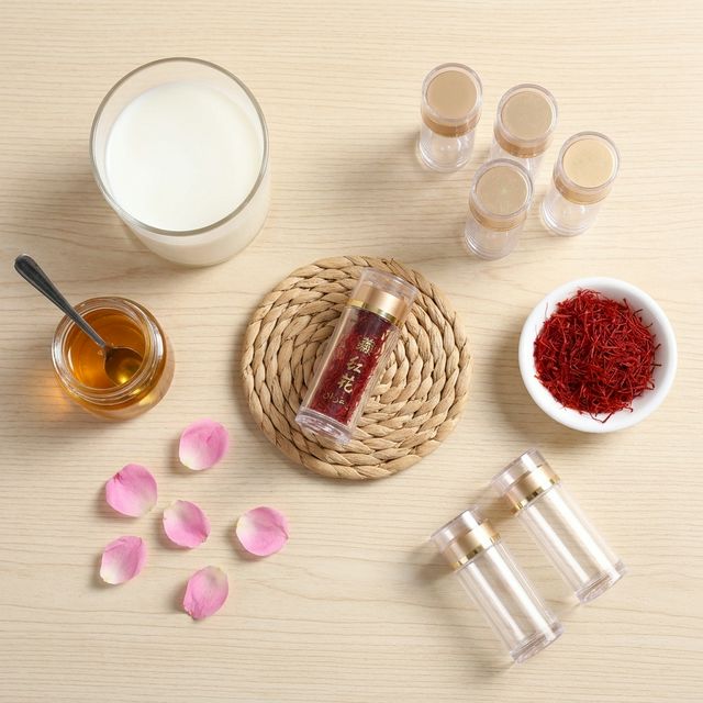 藏红花搭配蜂蜜牛奶和玫瑰花瓣的养生组合