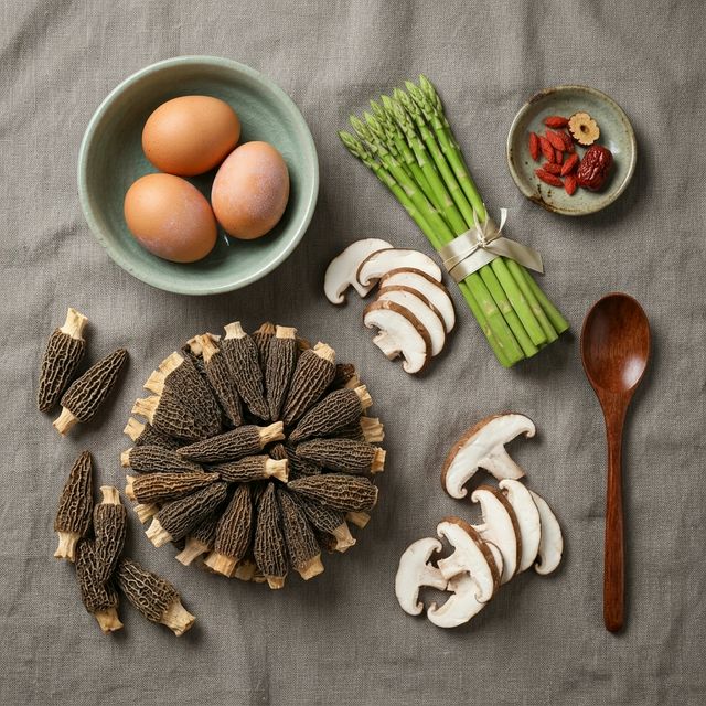 羊肚菌搭配鸡蛋山药等食材平铺展示