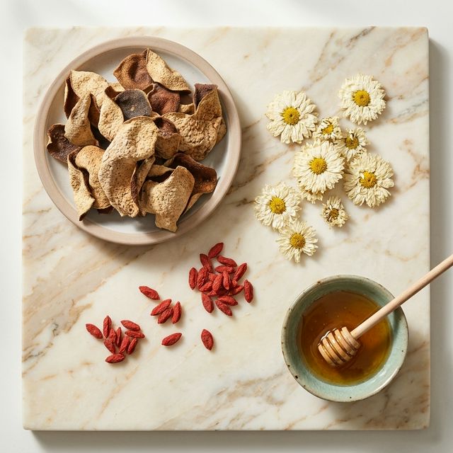 陈皮搭配菊花枸杞红枣养生食材平铺展示