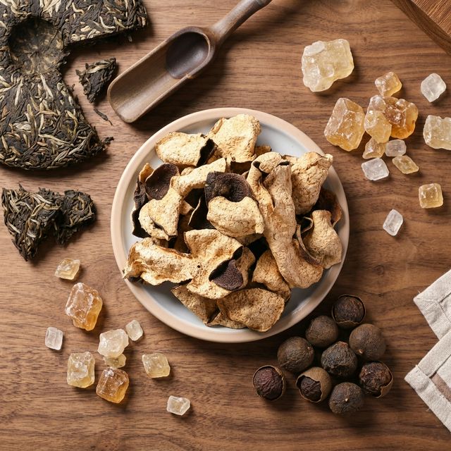 陈皮搭配老白茶饼桂圆冰糖养生食材展示