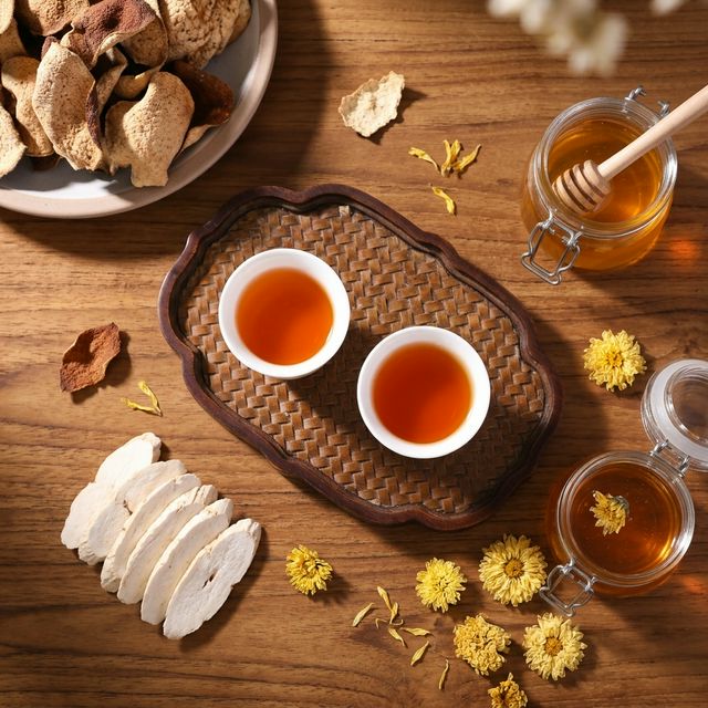 陈皮搭配茯苓菊花蜂蜜养生食材平铺