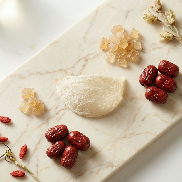 燕窝搭配冰糖红枣养生食材平铺摆拍