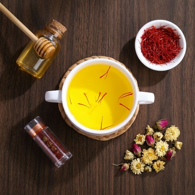 藏红花搭配蜂蜜菊花养生食材平铺