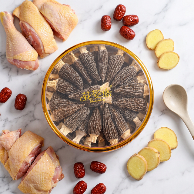 羊肚菌干品搭配土鸡红枣姜片煲汤食材组合