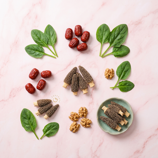 羊肚菌搭配红枣核桃菠菜的孕期营养食材组合