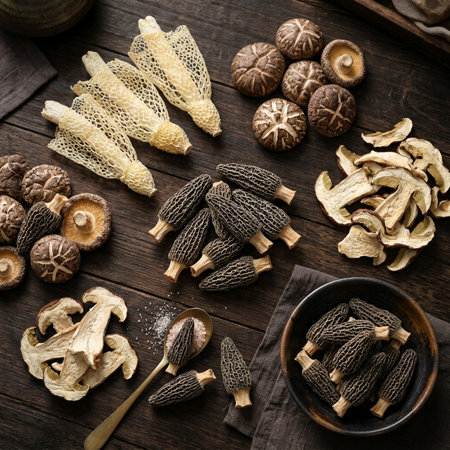 羊肚菌搭配竹荪香菇牛肝菌的珍贵菌类组合