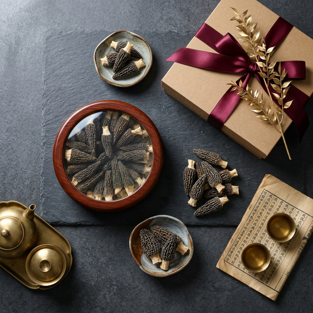 花姿盛精选羊肚菌搭配高端礼盒包装展示