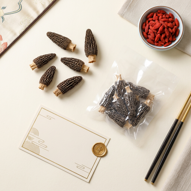 花姿盛成品羊肚菌搭配密封包装和品质证书展示