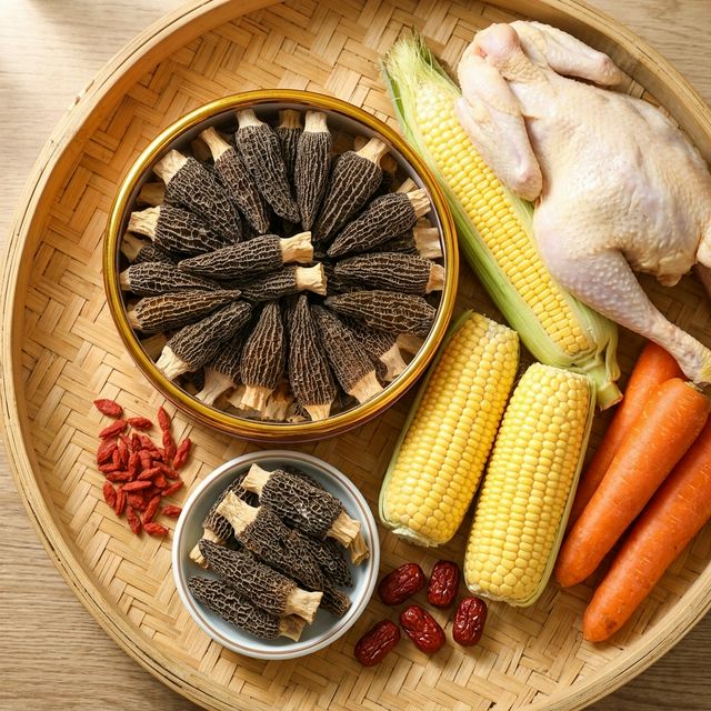 花姿盛羊肚菌搭配土鸡玉米胡萝卜煲汤食材