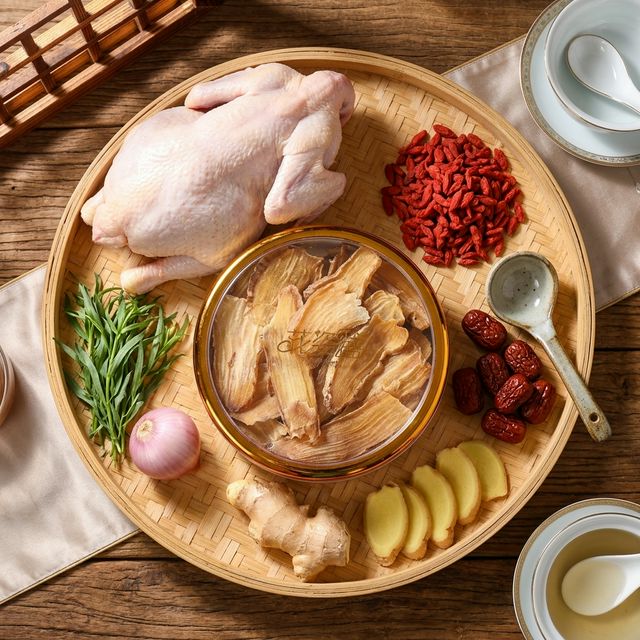 花姿盛天麻搭配土鸡枸杞生姜红枣炖汤食材