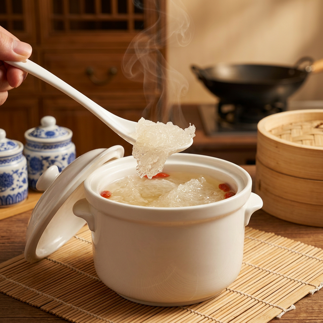 燕窝隔水炖煮过程中的炖盅特写