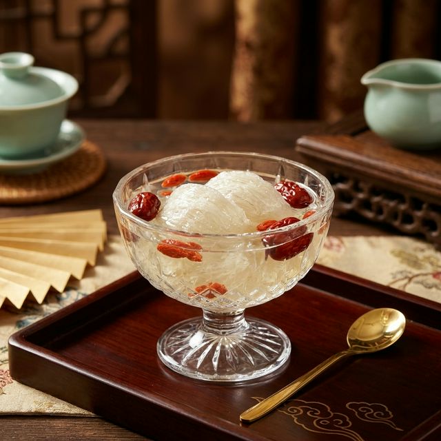 成品燕窝银耳羹精美呈盘与配料展示