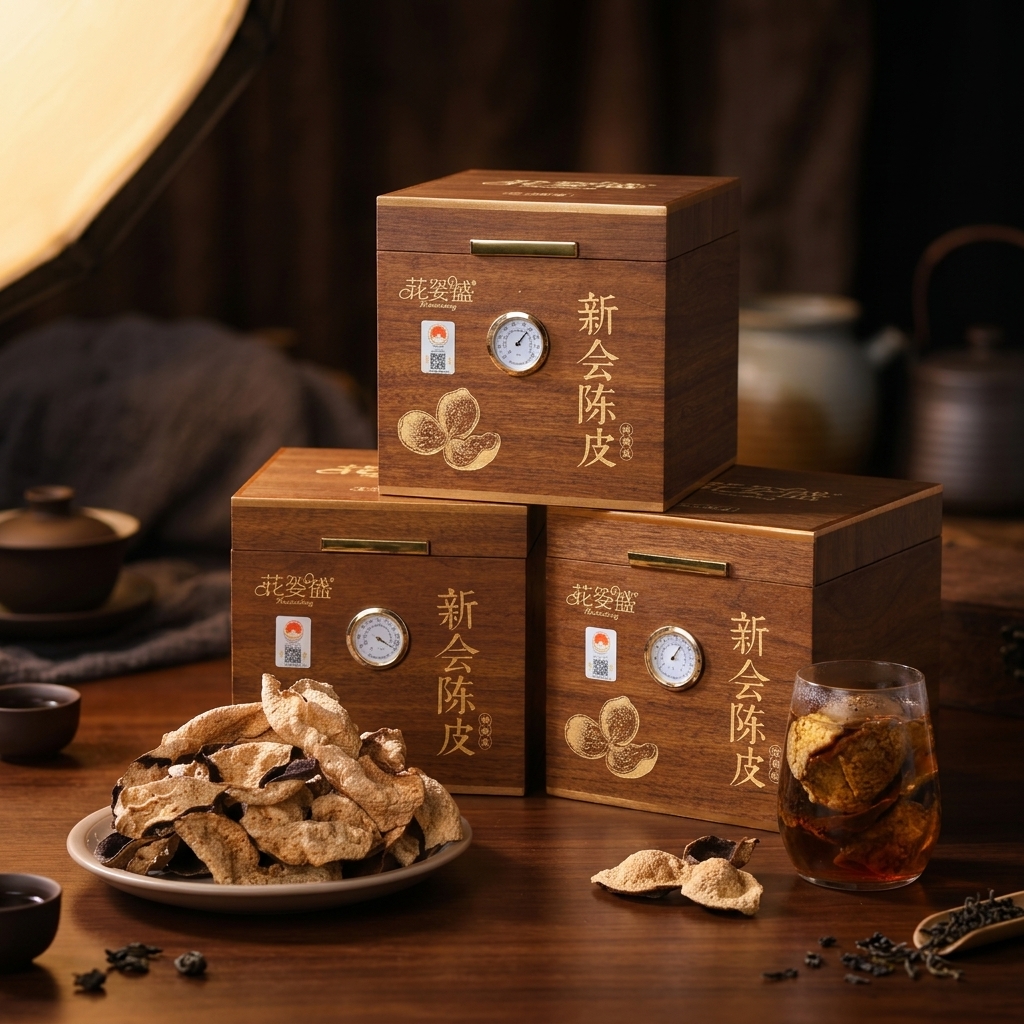 花姿盛新会陈皮特写，油室密集清晰可见