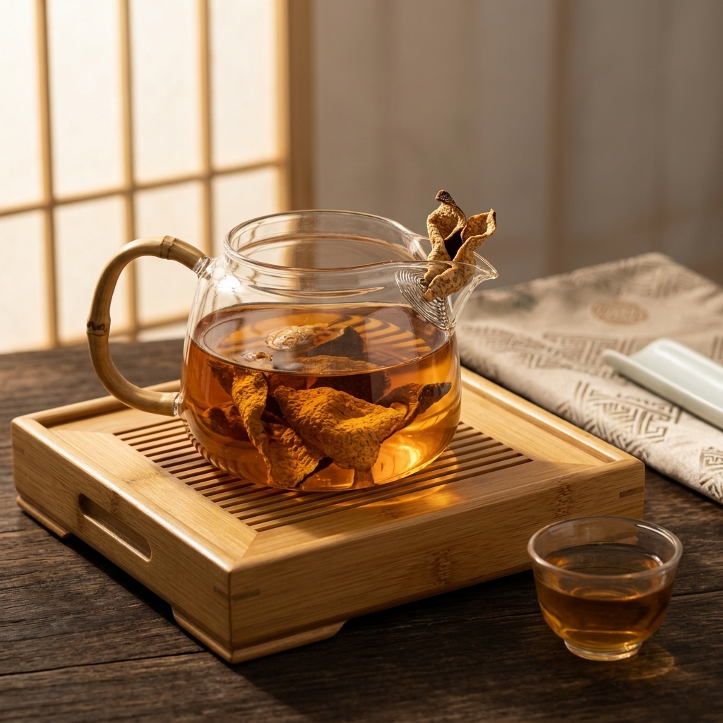 新会陈皮泡茶冲饮，琥珀色茶汤搭配传统茶具