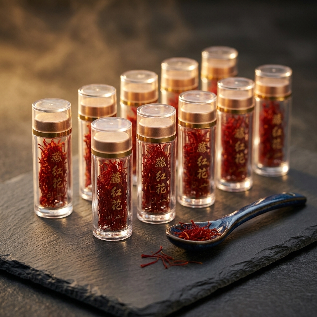 花姿盛伊朗特级藏红花全丝特写，暗石板背景衬托鲜红色泽