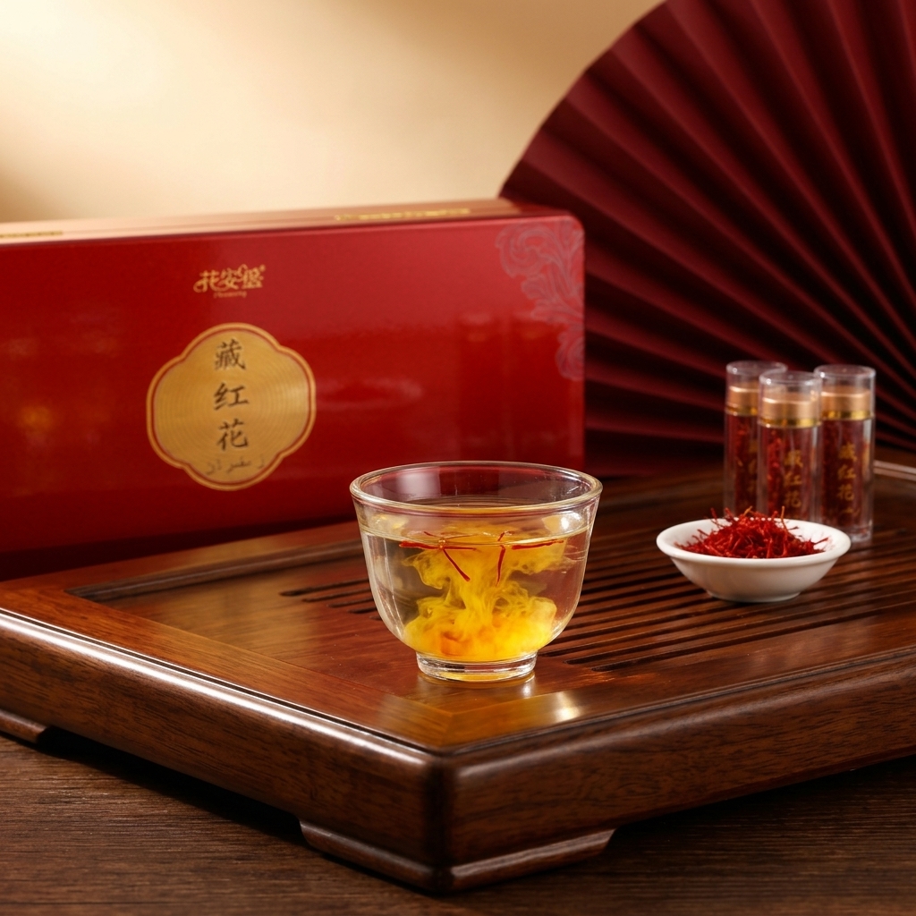 藏红花泡水场景，玻璃杯中金黄茶汤与木质茶盘搭配