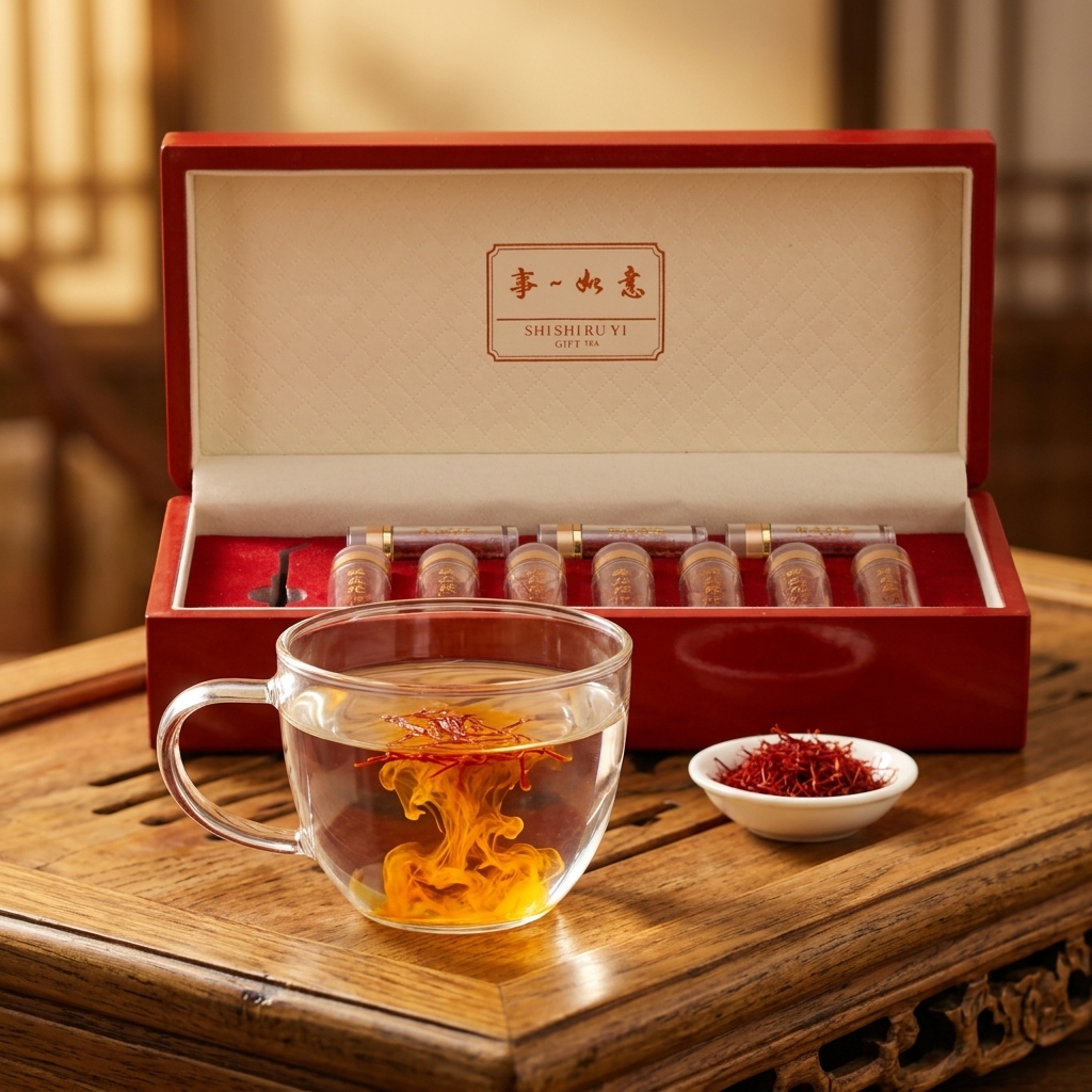 藏红花泡水场景,玻璃杯中红丝缓缓染色,茶汤呈金黄色