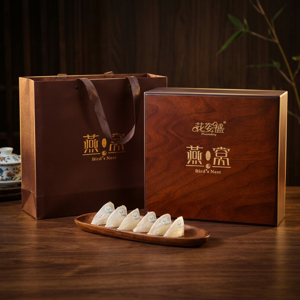 花姿盛砂拉越干盏燕窝特写，金色暖光衬托纤维纹理